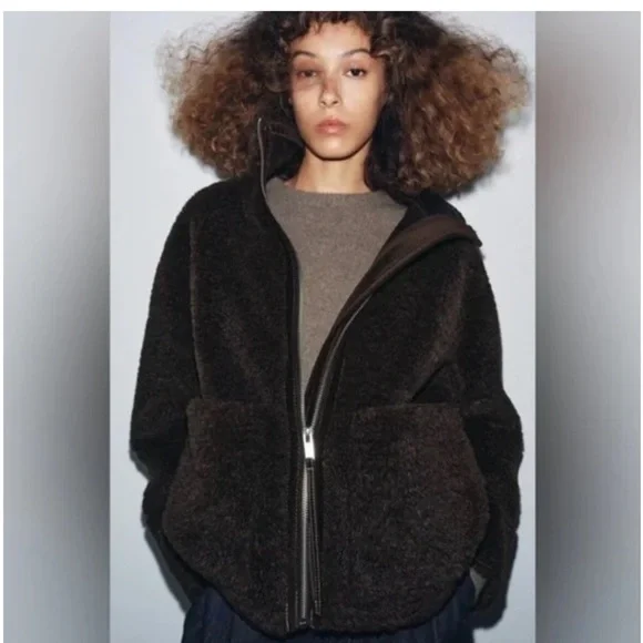 Zara NWT faux shearling double faced jacket dark brown ZW Collection 3548/242 - Picture 7 of 13